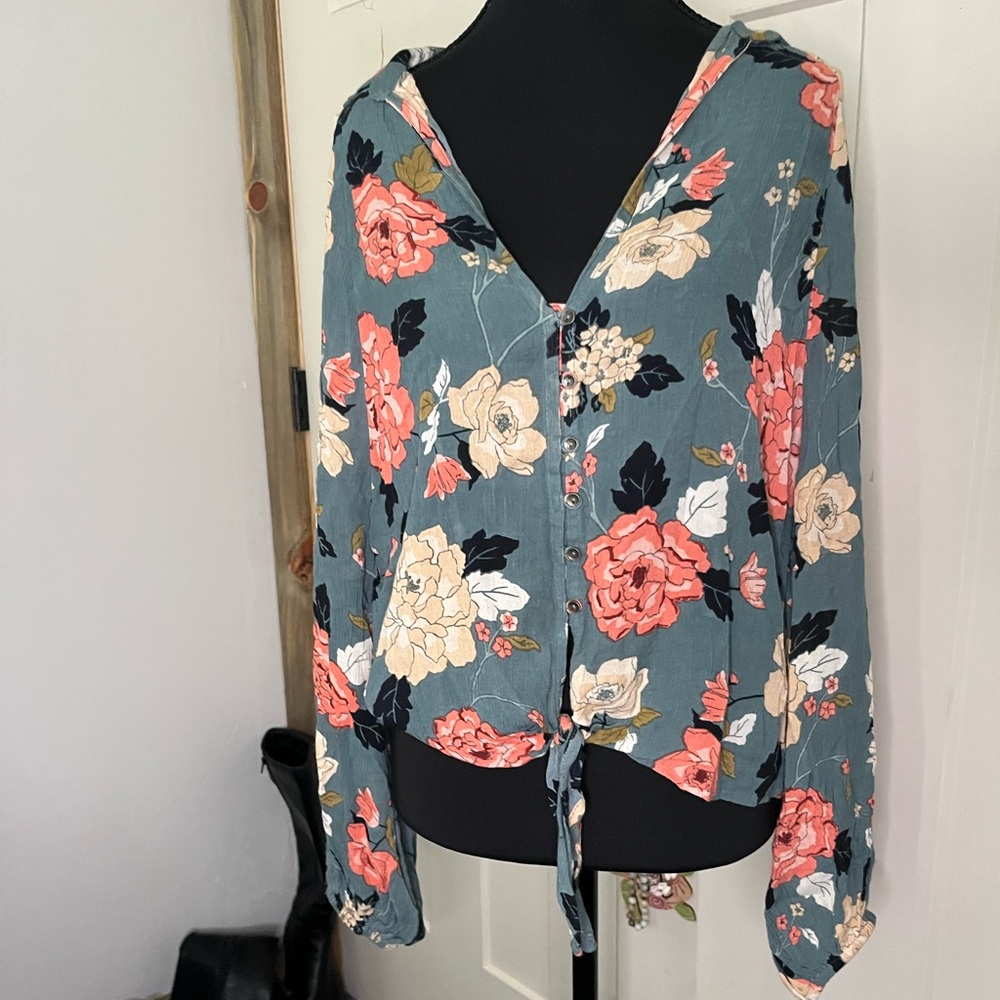 Billabong Floral Blouse Teal Coral Button Up Tie Front Coastal Cowgirl Beachy